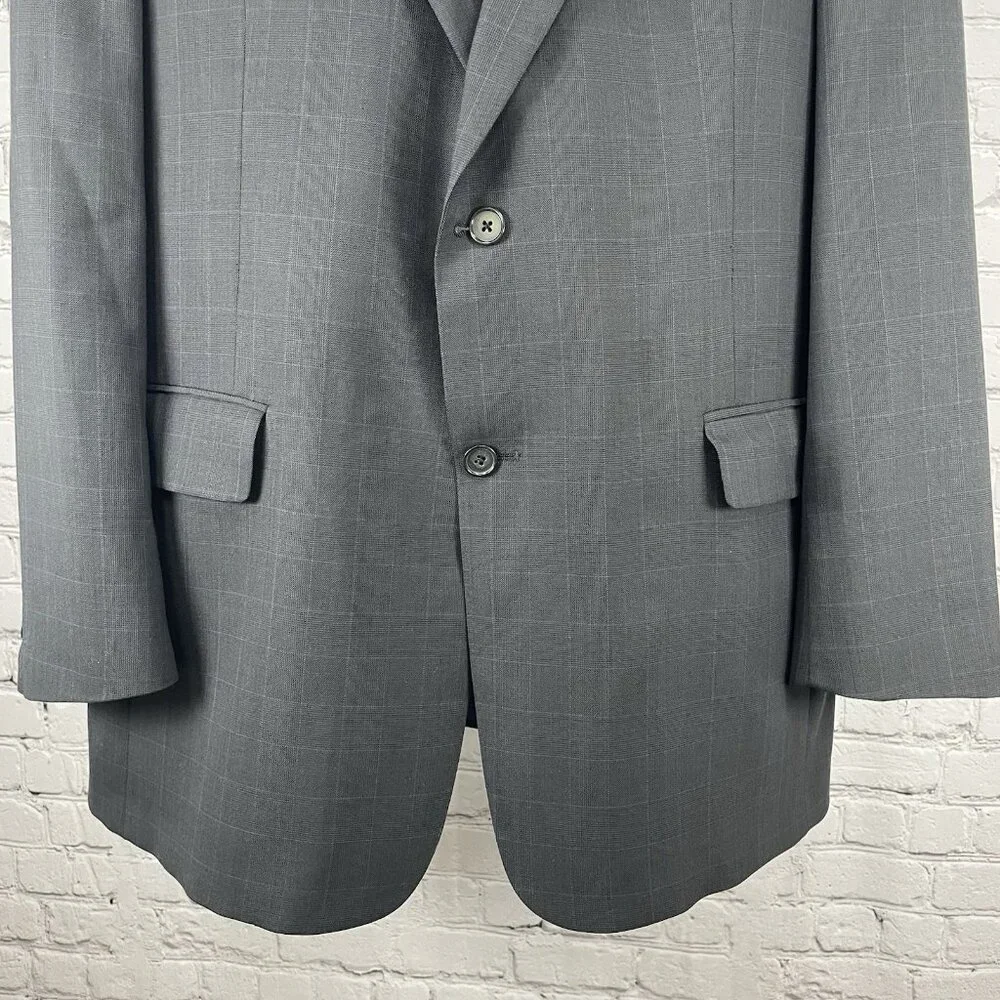Austin Reed Grey Blue Check 2 Button Vented Blazer Sport Coat USA Made Size 44L